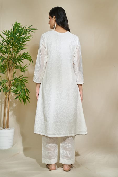 Shop The Home Affair White Cotton, Mirrors, Embroidery Blossom Print Kurta Pant Set at Aza Fashions Shop_The Home Affair_White Cotton, Mirrors, Embroidery Blossom Print Kurta Pant Set _at_Aza_Fashions