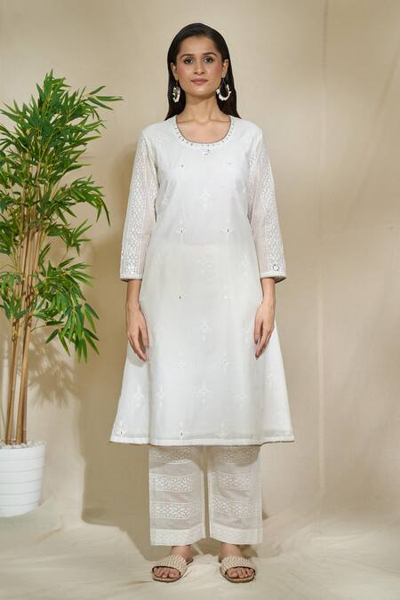 The Home Affair White Cotton, Mirrors, Embroidery Blossom Print Kurta Pant Set Online at Aza Fashions The Home Affair_White Cotton, Mirrors, Embroidery Blossom Print Kurta Pant Set _Online_at_Aza_Fashions