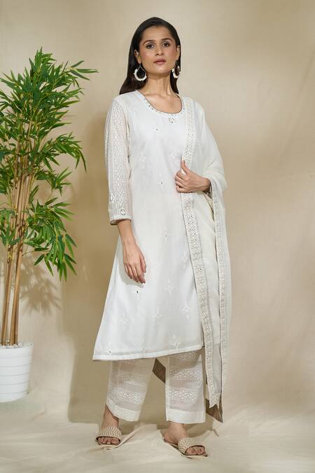 Buy The Home Affair White Cotton, Mirrors, Embroidery Blossom Print Kurta Pant Set Online at Aza Fashions Buy_The Home Affair_White Cotton, Mirrors, Embroidery Blossom Print Kurta Pant Set _Online_at_Aza_Fashions
