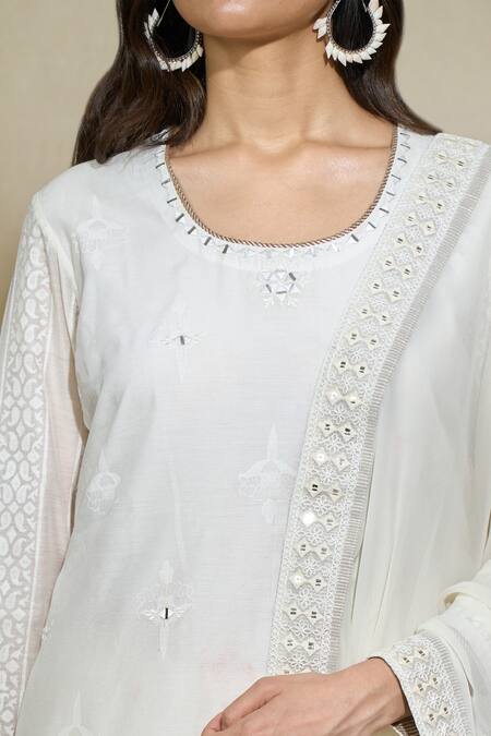 Shop The Home Affair White Cotton, Mirrors, Embroidery Blossom Print Kurta Pant Set Online at Aza Fashions Shop_The Home Affair_White Cotton, Mirrors, Embroidery Blossom Print Kurta Pant Set _Online_at_Aza_Fashions