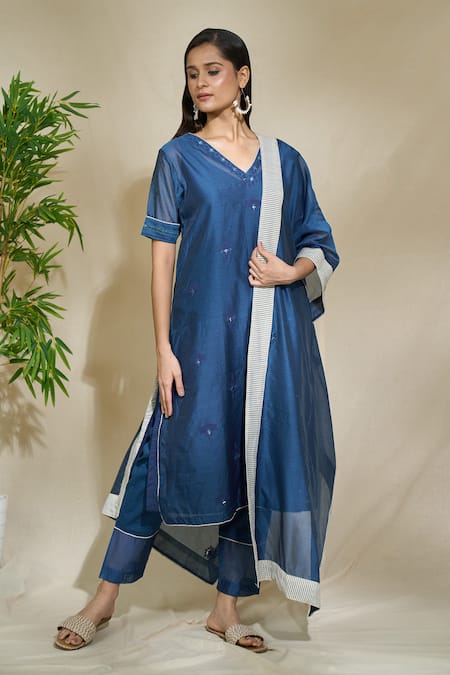 Shop The Home Affair Blue Cotton, Mirrors, Tonal Print Mirrorwork Kurta Pant Set at Aza Fashions Shop_The Home Affair_Blue Cotton, Mirrors, Tonal Print Mirrorwork Kurta Pant Set _at_Aza_Fashions