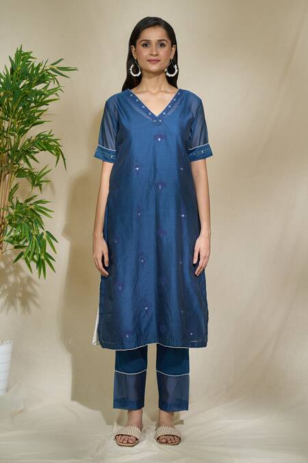 The Home Affair Blue Cotton, Mirrors, Tonal Print Mirrorwork Kurta Pant Set Online at Aza Fashions The Home Affair_Blue Cotton, Mirrors, Tonal Print Mirrorwork Kurta Pant Set _Online_at_Aza_Fashions