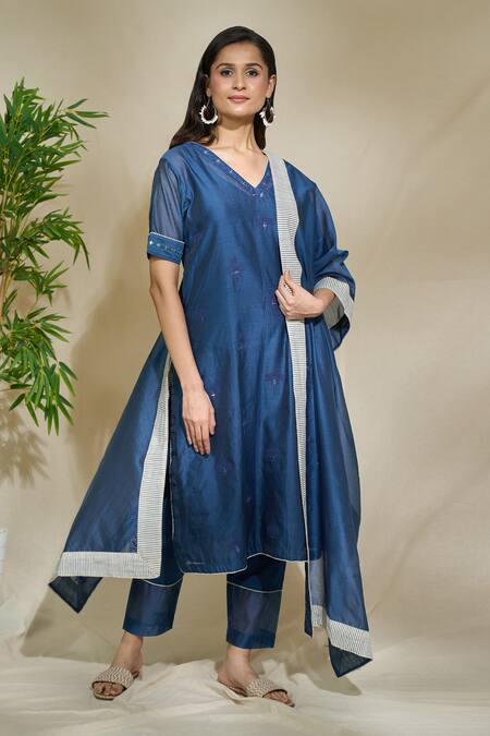 Buy The Home Affair Blue Cotton, Mirrors, Tonal Print Mirrorwork Kurta Pant Set Online at Aza Fashions Buy_The Home Affair_Blue Cotton, Mirrors, Tonal Print Mirrorwork Kurta Pant Set _Online_at_Aza_Fashions