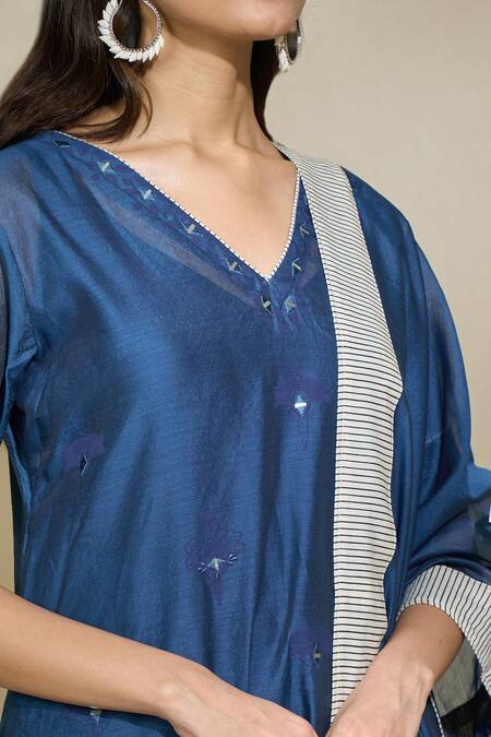 Shop The Home Affair Blue Cotton, Mirrors, Tonal Print Mirrorwork Kurta Pant Set Online at Aza Fashions Shop_The Home Affair_Blue Cotton, Mirrors, Tonal Print Mirrorwork Kurta Pant Set _Online_at_Aza_Fashions
