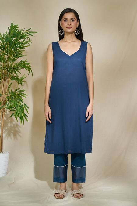 Buy The Home Affair Blue Cotton, Mirrors, Tonal Print Mirrorwork Kurta Pant Set Buy_The Home Affair_Blue Cotton, Mirrors, Tonal Print Mirrorwork Kurta Pant Set