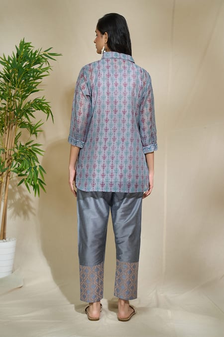 Shop The Home Affair Grey Chanderi Cotton Embroidery Shawl Neck Jaal Print Short Kurta Pant Set at Aza Fashions Shop_The Home Affair_Grey Chanderi Cotton Embroidery Shawl Neck Jaal Print Short Kurta Pant Set _at_Aza_Fashions