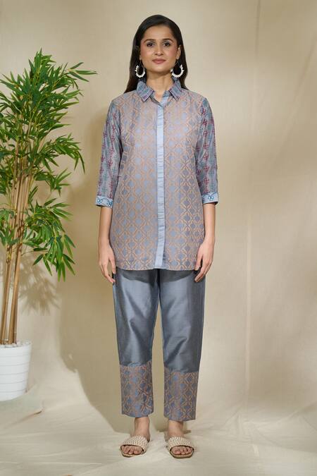 The Home Affair Grey Chanderi Cotton Embroidery Shawl Neck Jaal Print Short Kurta Pant Set Online at Aza Fashions The Home Affair_Grey Chanderi Cotton Embroidery Shawl Neck Jaal Print Short Kurta Pant Set _Online_at_Aza_Fashions