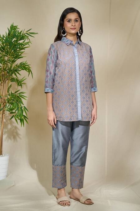 Buy The Home Affair Grey Chanderi Cotton Embroidery Shawl Neck Jaal Print Short Kurta Pant Set Buy_The Home Affair_Grey Chanderi Cotton Embroidery Shawl Neck Jaal Print Short Kurta Pant Set