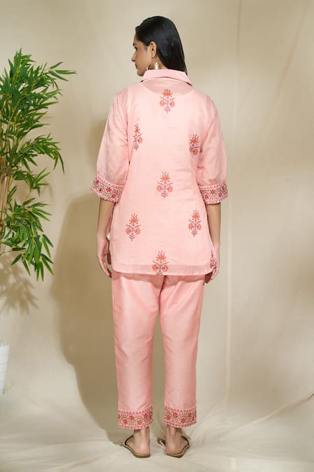 Shop The Home Affair Peach Chanderi Cotton Embroidery, Mirrors Floral Print Short Kurta Pant Set at Aza Fashions Shop_The Home Affair_Peach Chanderi Cotton Embroidery, Mirrors Floral Print Short Kurta Pant Set _at_Aza_Fashions
