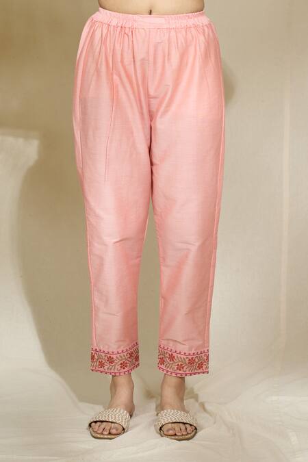 The Home Affair Peach Chanderi Cotton Embroidery, Mirrors Floral Print Short Kurta Pant Set Online at Aza Fashions The Home Affair_Peach Chanderi Cotton Embroidery, Mirrors Floral Print Short Kurta Pant Set _Online_at_Aza_Fashions