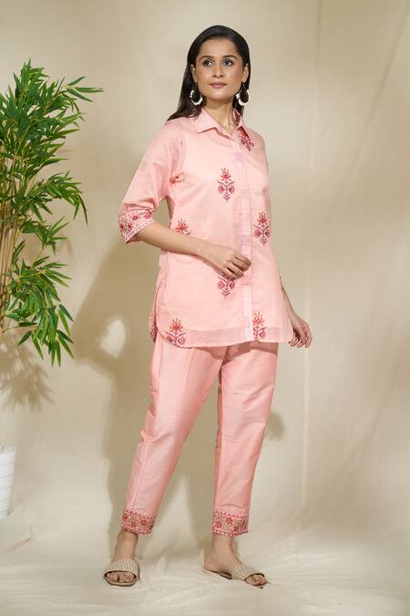 The Home Affair Peach Chanderi Cotton Embroidery, Mirrors Floral Print Short Kurta Pant Set at Aza Fashions The Home Affair_Peach Chanderi Cotton Embroidery, Mirrors Floral Print Short Kurta Pant Set _at_Aza_Fashions