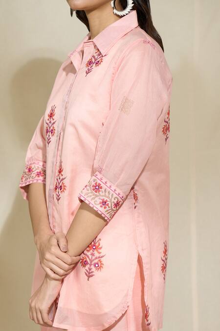 Buy The Home Affair Peach Chanderi Cotton Embroidery, Mirrors Floral Print Short Kurta Pant Set Buy_The Home Affair_Peach Chanderi Cotton Embroidery, Mirrors Floral Print Short Kurta Pant Set