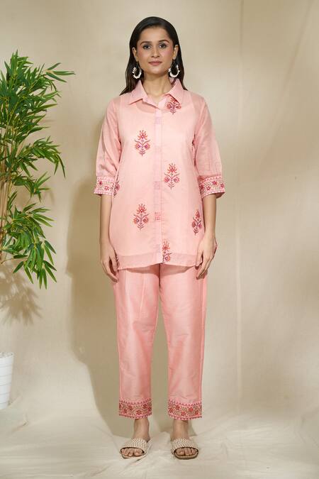 Shop The Home Affair Peach Chanderi Cotton Embroidery, Mirrors Floral Print Short Kurta Pant Set Shop_The Home Affair_Peach Chanderi Cotton Embroidery, Mirrors Floral Print Short Kurta Pant Set