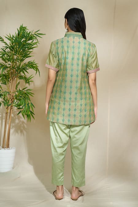 Shop The Home Affair Green Chanderi Cotton Collared Floral Jaal Print Short Kurta Pant Set at Aza Fashions Shop_The Home Affair_Green Chanderi Cotton Collared Floral Jaal Print Short Kurta Pant Set _at_Aza_Fashions