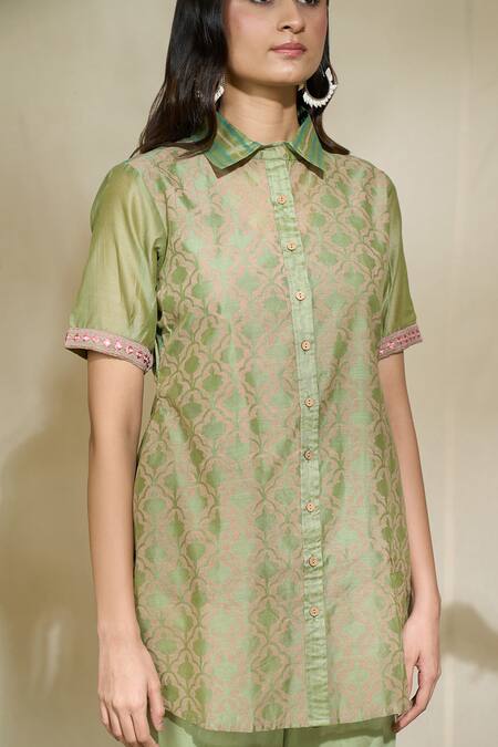 Buy The Home Affair Green Chanderi Cotton Collared Floral Jaal Print Short Kurta Pant Set Online at Aza Fashions Buy_The Home Affair_Green Chanderi Cotton Collared Floral Jaal Print Short Kurta Pant Set _Online_at_Aza_Fashions