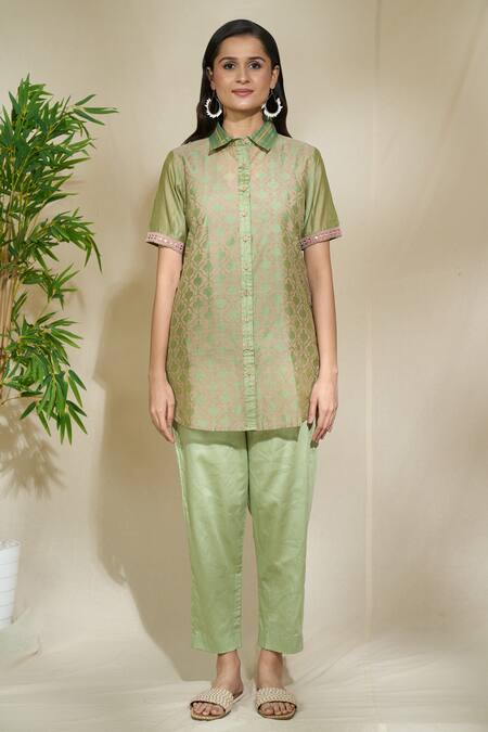 Shop The Home Affair Green Chanderi Cotton Collared Floral Jaal Print Short Kurta Pant Set Online at Aza Fashions Shop_The Home Affair_Green Chanderi Cotton Collared Floral Jaal Print Short Kurta Pant Set _Online_at_Aza_Fashions