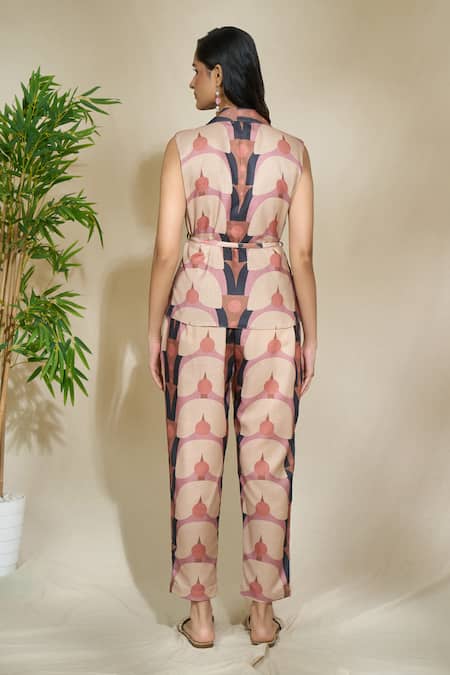 Shop The Home Affair Brown Pure Linen Printed Geometric Lapel Collar Jacket Top Pant Set at Aza Fashions Shop_The Home Affair_Brown Pure Linen Printed Geometric Lapel Collar Jacket Top Pant Set _at_Aza_Fashions