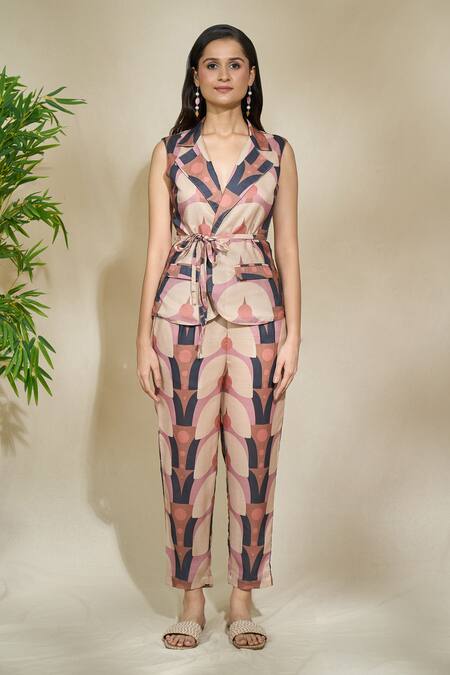 The Home Affair Brown Pure Linen Printed Geometric Lapel Collar Jacket Top Pant Set at Aza Fashions The Home Affair_Brown Pure Linen Printed Geometric Lapel Collar Jacket Top Pant Set _at_Aza_Fashions