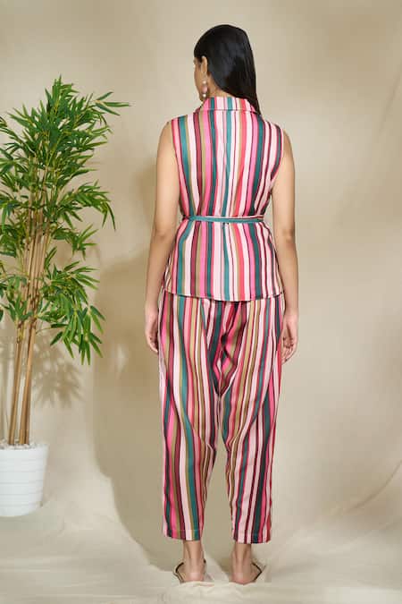 Shop The Home Affair Pink Pure Linen Printed Stripes Lapel Collar Jacket Top Pant Set at Aza Fashions Shop_The Home Affair_Pink Pure Linen Printed Stripes Lapel Collar Jacket Top Pant Set _at_Aza_Fashions