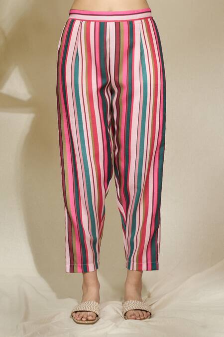 Shop The Home Affair Pink Pure Linen Printed Stripes Lapel Collar Jacket Top Pant Set Online at Aza Fashions Shop_The Home Affair_Pink Pure Linen Printed Stripes Lapel Collar Jacket Top Pant Set _Online_at_Aza_Fashions