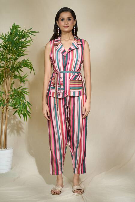 The Home Affair Pink Pure Linen Printed Stripes Lapel Collar Jacket Top Pant Set at Aza Fashions The Home Affair_Pink Pure Linen Printed Stripes Lapel Collar Jacket Top Pant Set _at_Aza_Fashions