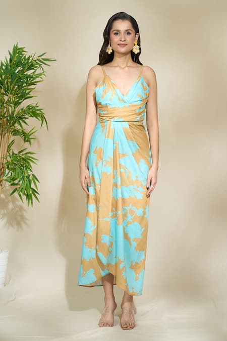 Buy The Home Affair Yellow Cambric Muslin Cotton Printed Foliage V-neck Draped Midi Dress Online at Aza Fashions Buy_The Home Affair_Yellow Cambric Muslin Cotton Printed Foliage V-neck Draped Midi Dress _Online_at_Aza_Fashions