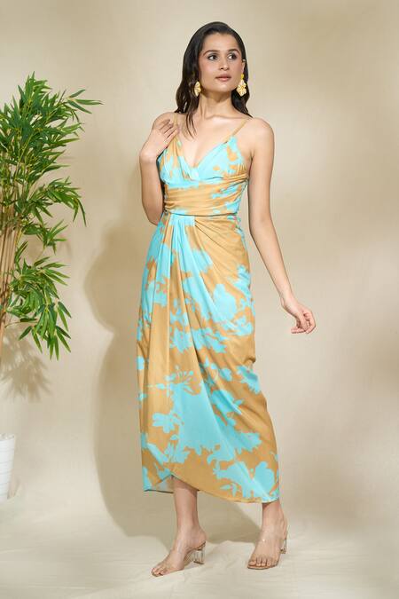 The Home Affair Yellow Cambric Muslin Cotton Printed Foliage V-neck Draped Midi Dress at Aza Fashions The Home Affair_Yellow Cambric Muslin Cotton Printed Foliage V-neck Draped Midi Dress _at_Aza_Fashions