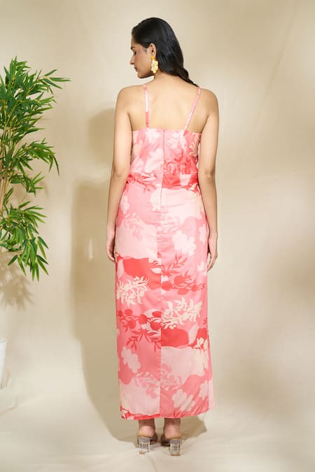 Shop The Home Affair Pink Cambric Muslin Cotton Printed Foliage V-neck Draped Slit Dress at Aza Fashions Shop_The Home Affair_Pink Cambric Muslin Cotton Printed Foliage V-neck Draped Slit Dress _at_Aza_Fashions