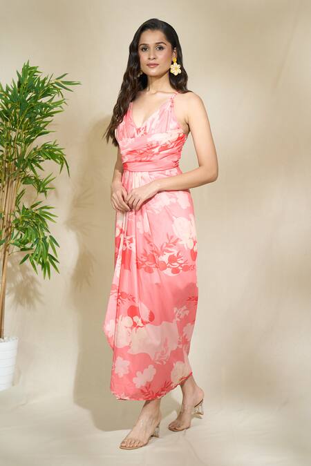 Buy The Home Affair Pink Cambric Muslin Cotton Printed Foliage V-neck Draped Slit Dress Online at Aza Fashions Buy_The Home Affair_Pink Cambric Muslin Cotton Printed Foliage V-neck Draped Slit Dress _Online_at_Aza_Fashions