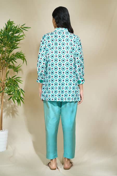 Shop The Home Affair Blue Cambric Muslin Cotton Printed Retro Floral Shirt Collar With Pant at Aza Fashions Shop_The Home Affair_Blue Cambric Muslin Cotton Printed Retro Floral Shirt Collar With Pant _at_Aza_Fashions