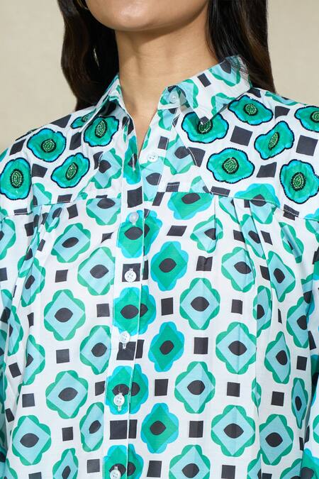 Shop The Home Affair Blue Cambric Muslin Cotton Printed Retro Floral Shirt Collar With Pant Online at Aza Fashions Shop_The Home Affair_Blue Cambric Muslin Cotton Printed Retro Floral Shirt Collar With Pant _Online_at_Aza_Fashions
