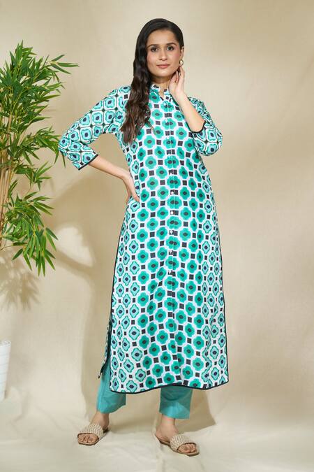 Shop The Home Affair Blue Cotton Retro Print Cape Kurta With Pant Online at Aza Fashions Shop_The Home Affair_Blue Cotton Retro Print Cape Kurta With Pant _Online_at_Aza_Fashions