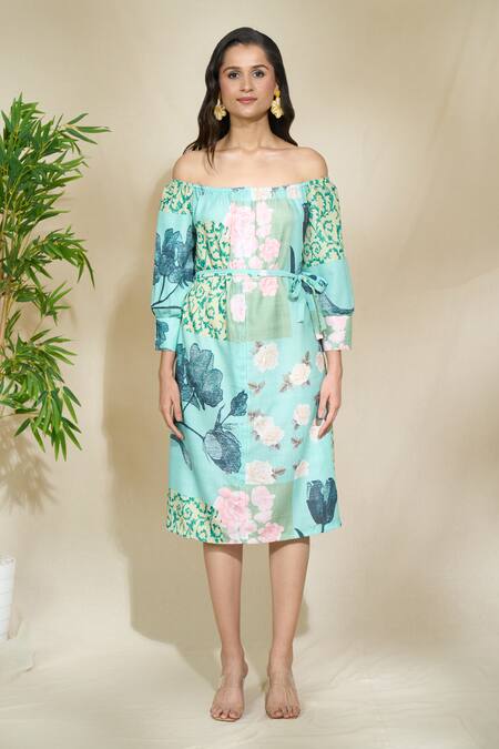 The Home Affair_Blue Pure Linen Printed Floral Off Shoulder Dress _Online_at_Aza_Fashions