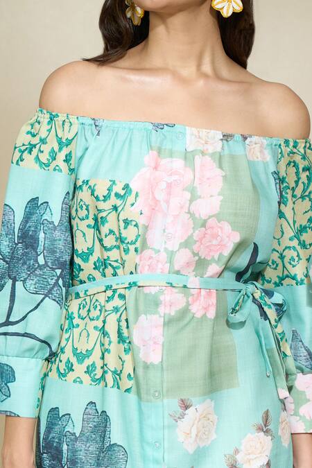 Shop_The Home Affair_Blue Pure Linen Printed Floral Off Shoulder Dress _Online_at_Aza_Fashions