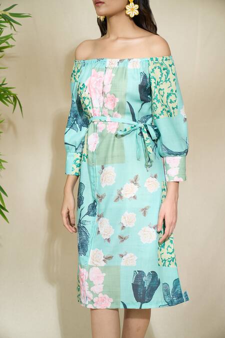 The Home Affair_Blue Pure Linen Printed Floral Off Shoulder Dress _at_Aza_Fashions