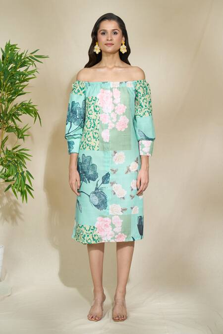 Buy_The Home Affair_Blue Pure Linen Printed Floral Off Shoulder Dress 