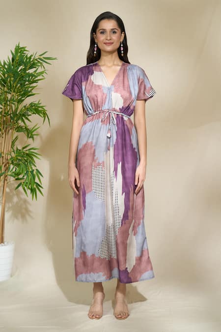 The Home Affair Multi Color Cambric Muslin Cotton Printed Abstract V-neck Kaftan Online at Aza Fashions The Home Affair_Multi Color Cambric Muslin Cotton Printed Abstract V-neck Kaftan _Online_at_Aza_Fashions