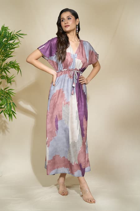 Buy The Home Affair Multi Color Cambric Muslin Cotton Printed Abstract V-neck Kaftan Online at Aza Fashions Buy_The Home Affair_Multi Color Cambric Muslin Cotton Printed Abstract V-neck Kaftan _Online_at_Aza_Fashions