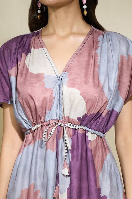 The Home Affair Multi Color Cambric Muslin Cotton Printed Abstract V-neck Kaftan at Aza Fashions The Home Affair_Multi Color Cambric Muslin Cotton Printed Abstract V-neck Kaftan _at_Aza_Fashions