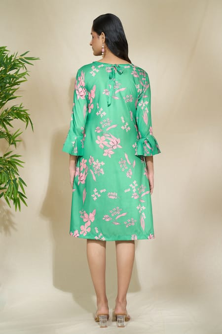 Shop The Home Affair Green Cambric Muslin Cotton Printed Floral Round Dress at Aza Fashions Shop_The Home Affair_Green Cambric Muslin Cotton Printed Floral Round Dress _at_Aza_Fashions