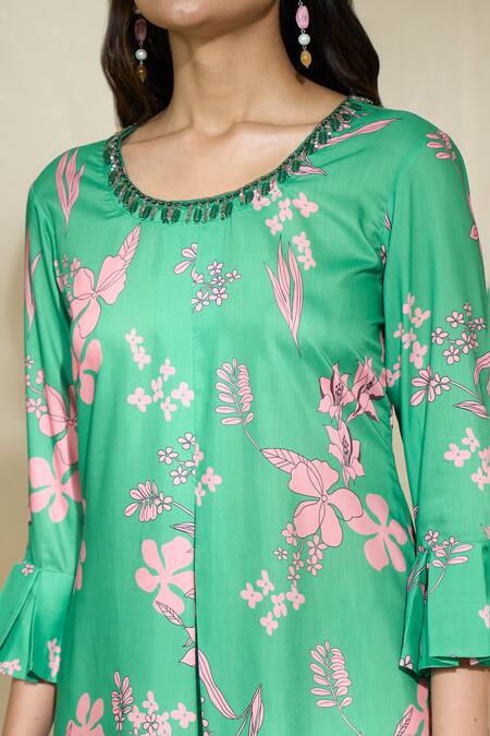 Buy The Home Affair Green Cambric Muslin Cotton Printed Floral Round Dress Online at Aza Fashions Buy_The Home Affair_Green Cambric Muslin Cotton Printed Floral Round Dress _Online_at_Aza_Fashions