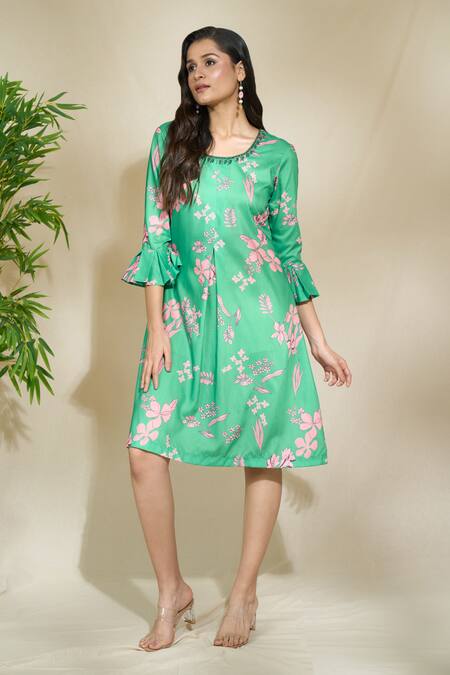 Shop The Home Affair Green Cambric Muslin Cotton Printed Floral Round Dress Online at Aza Fashions Shop_The Home Affair_Green Cambric Muslin Cotton Printed Floral Round Dress _Online_at_Aza_Fashions