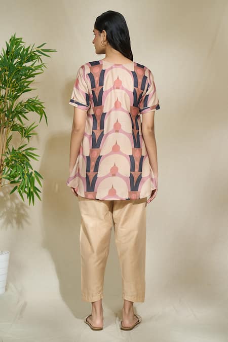 Shop The Home Affair Brown Linen Embroidery, Sequins Asymmetric Geometric Print Short Tunic With Pant at Aza Fashions Shop_The Home Affair_Brown Linen Embroidery, Sequins Asymmetric Geometric Print Short Tunic With Pant _at_Aza_Fashions