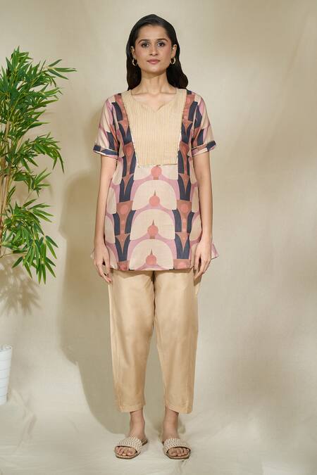 The Home Affair Brown Linen Embroidery, Sequins Asymmetric Geometric Print Short Tunic With Pant Online at Aza Fashions The Home Affair_Brown Linen Embroidery, Sequins Asymmetric Geometric Print Short Tunic With Pant _Online_at_Aza_Fashions