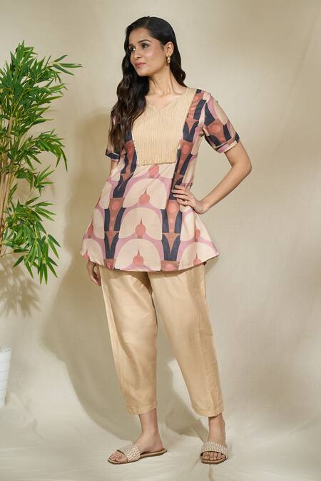 Shop The Home Affair Brown Linen Embroidery, Sequins Asymmetric Geometric Print Short Tunic With Pant Online at Aza Fashions Shop_The Home Affair_Brown Linen Embroidery, Sequins Asymmetric Geometric Print Short Tunic With Pant _Online_at_Aza_Fashions
