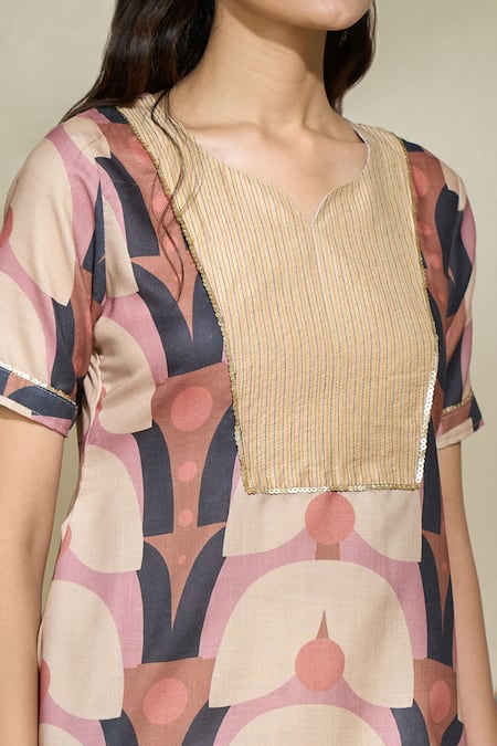 The Home Affair Brown Linen Embroidery, Sequins Asymmetric Geometric Print Short Tunic With Pant at Aza Fashions The Home Affair_Brown Linen Embroidery, Sequins Asymmetric Geometric Print Short Tunic With Pant _at_Aza_Fashions