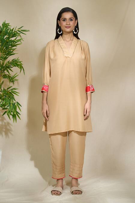 The Home Affair Beige Cotton Sequins, Embroidery V-neck Placement Tunic With Pant Online at Aza Fashions The Home Affair_Beige Cotton Sequins, Embroidery V-neck Placement Tunic With Pant _Online_at_Aza_Fashions
