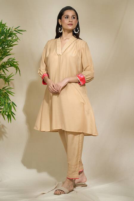 Shop The Home Affair Beige Cotton Sequins, Embroidery V-neck Placement Tunic With Pant Online at Aza Fashions Shop_The Home Affair_Beige Cotton Sequins, Embroidery V-neck Placement Tunic With Pant _Online_at_Aza_Fashions