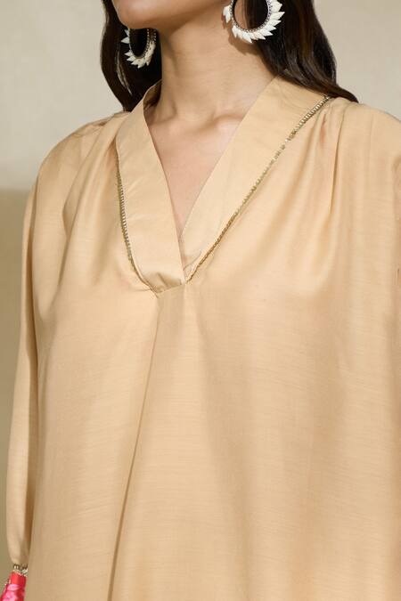 Buy The Home Affair Beige Cotton Sequins, Embroidery V-neck Placement Tunic With Pant Buy_The Home Affair_Beige Cotton Sequins, Embroidery V-neck Placement Tunic With Pant