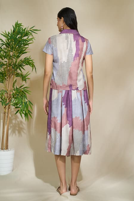 Shop_The Home Affair_Multi Color Cambric Muslin Cotton Printed Abstract Lapel Collar Shirt With Skirt _at_Aza_Fashions